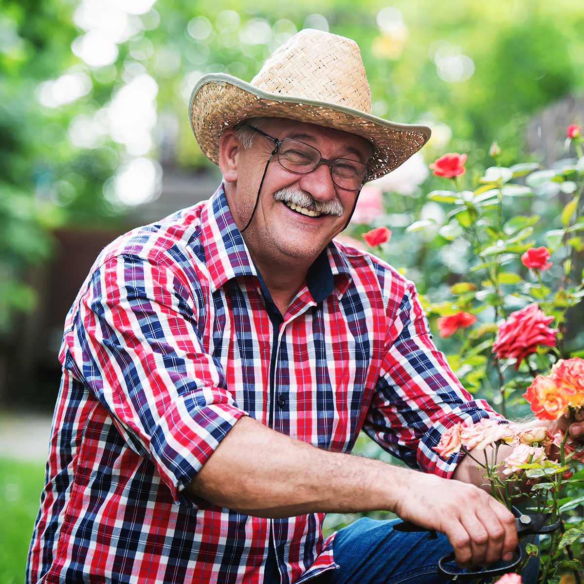 a man smiling while cutting flowers
