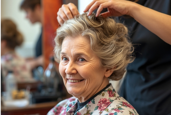 Smiling elderly woman in a floral cape having her hair styled by a stylist at a salon.