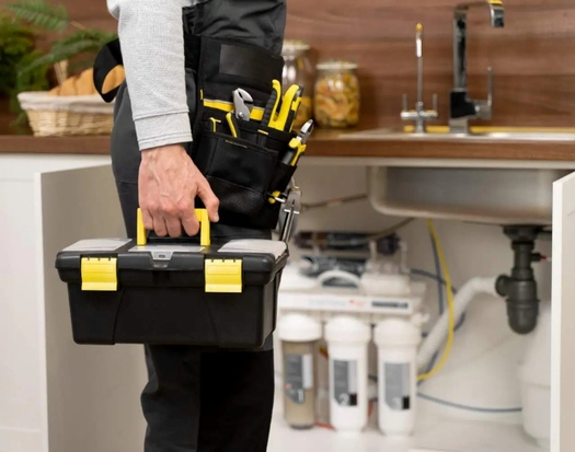 Handyman in a tool belt carries a black and yellow tool box under a kitchen sink cabinet.