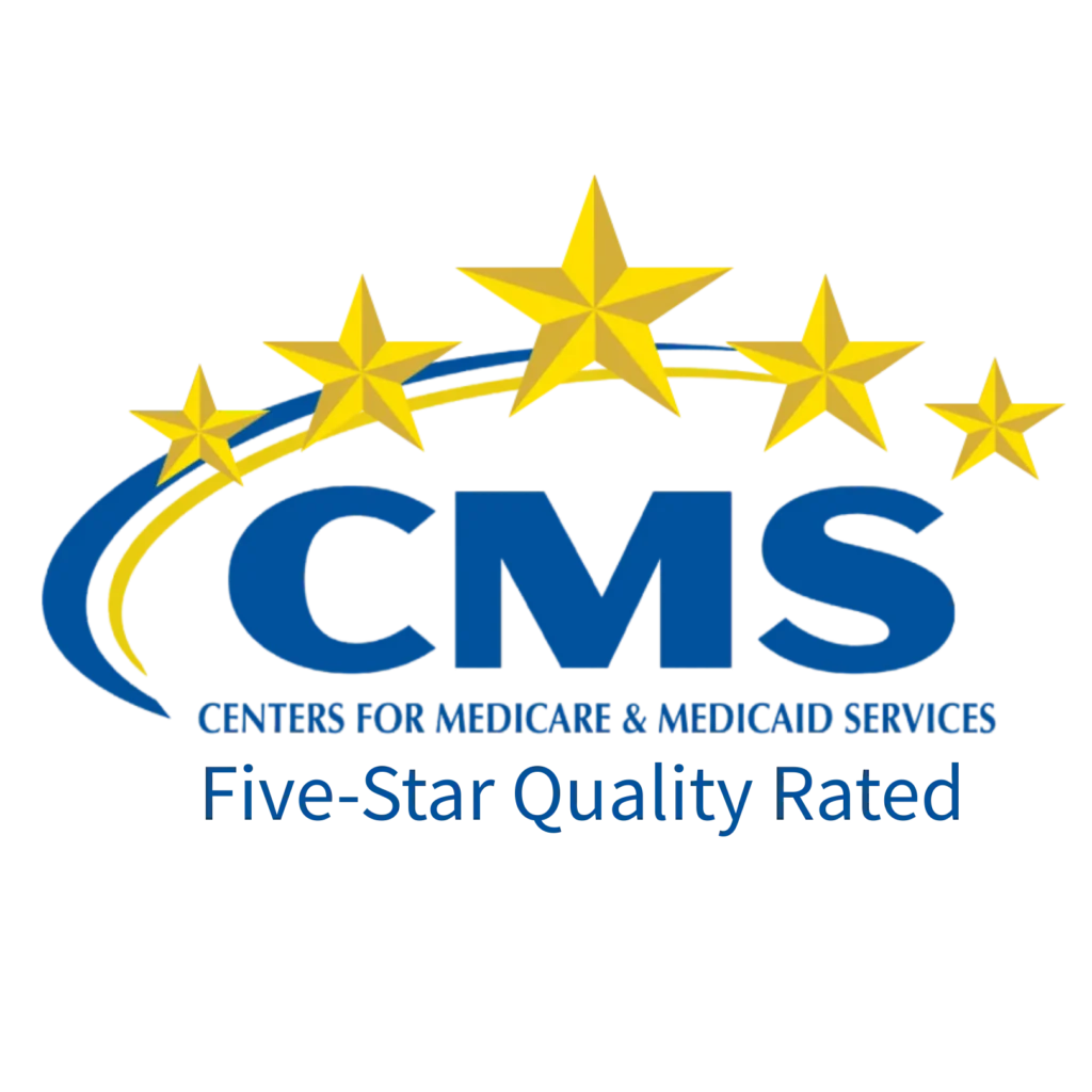 CMS logo with five gold stars arching over a curved blue line and large blue 'CMS' text; includes 'Centers for Medicare & Medicaid Services' and 'Five-Star Quality Rated' phrase beneath.