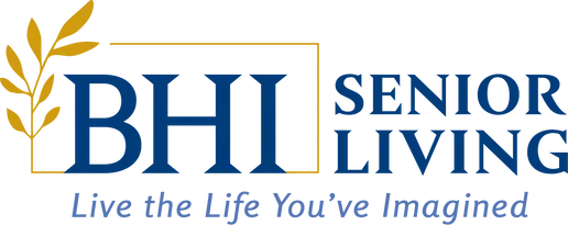 Brand logo for BHI Senior Living featuring blue wordmark and a gold laurel frame.